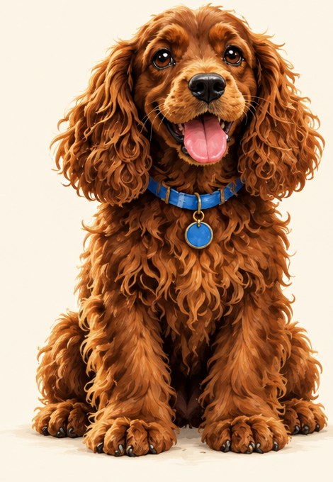 Brownie, a curly brown cocker spaniel puppy, sitting and smiling