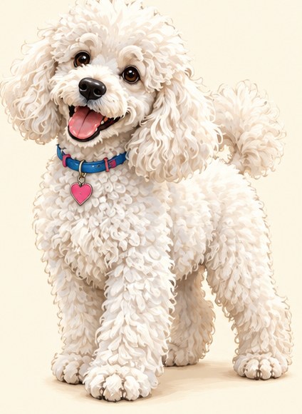 Maggie, a fluffy white poodle puppy with a pink heart tag, standing happily