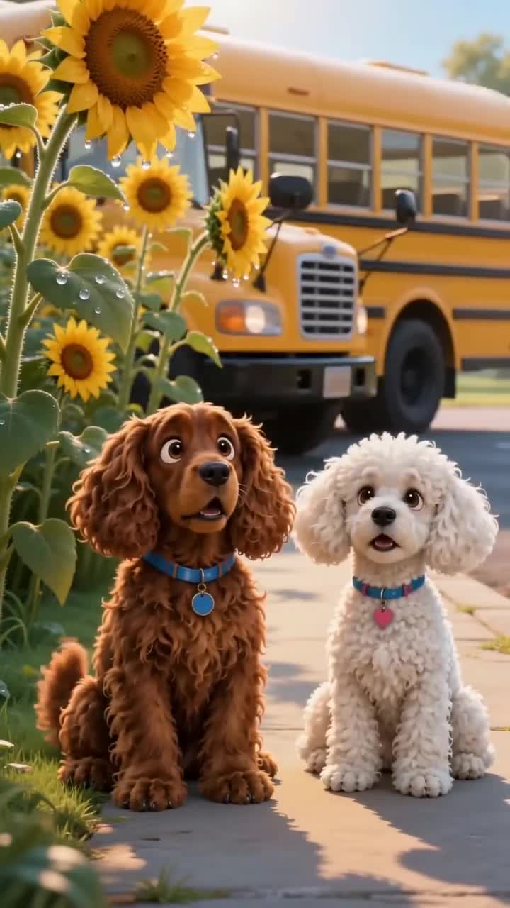 Brownie and Maggie sitting in front of a yellow school bus surrounded by sunflowers